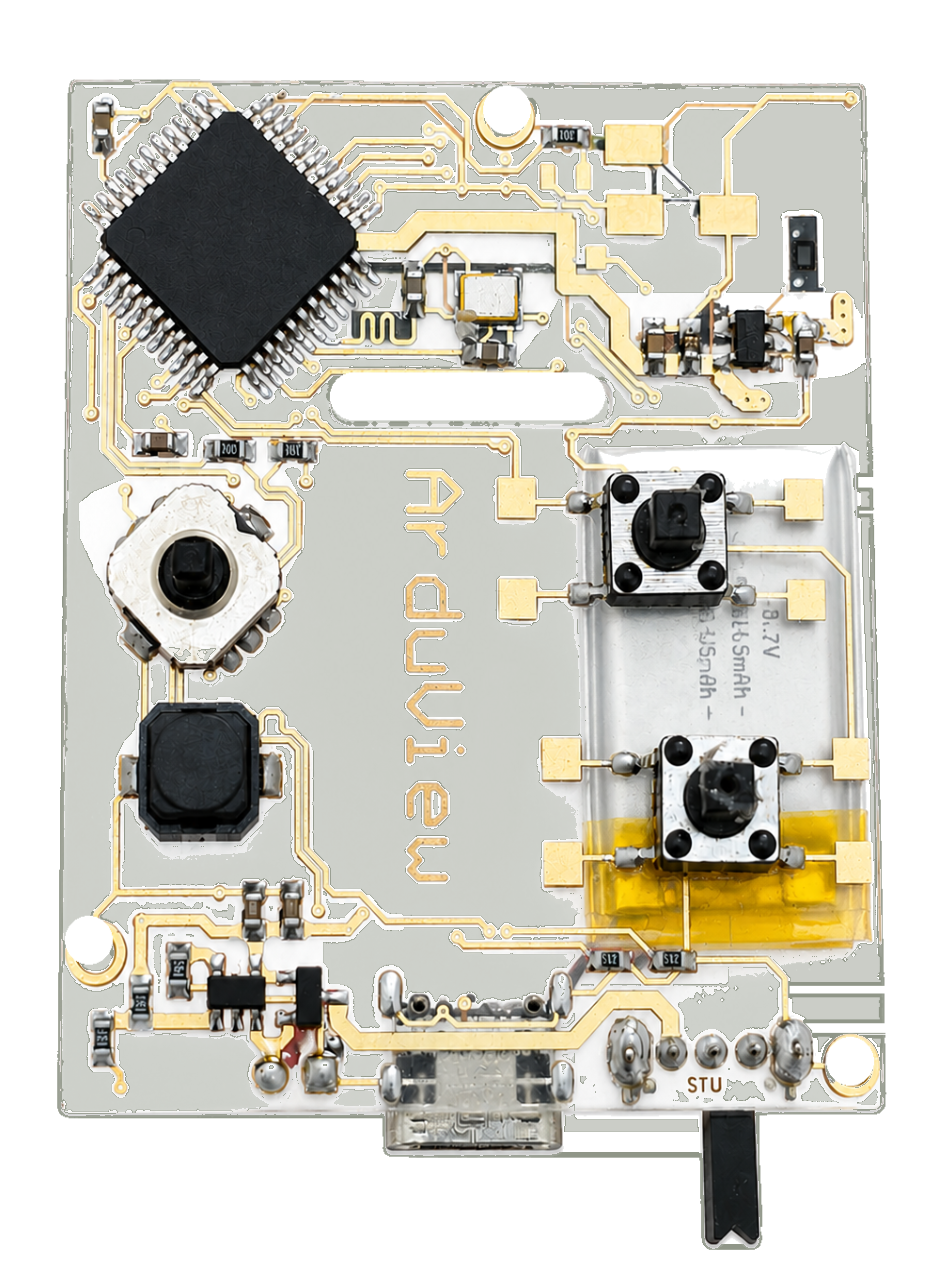 Complete circuit board with processor, directional and A/B controls, battery, USB-C port, and bottom tab